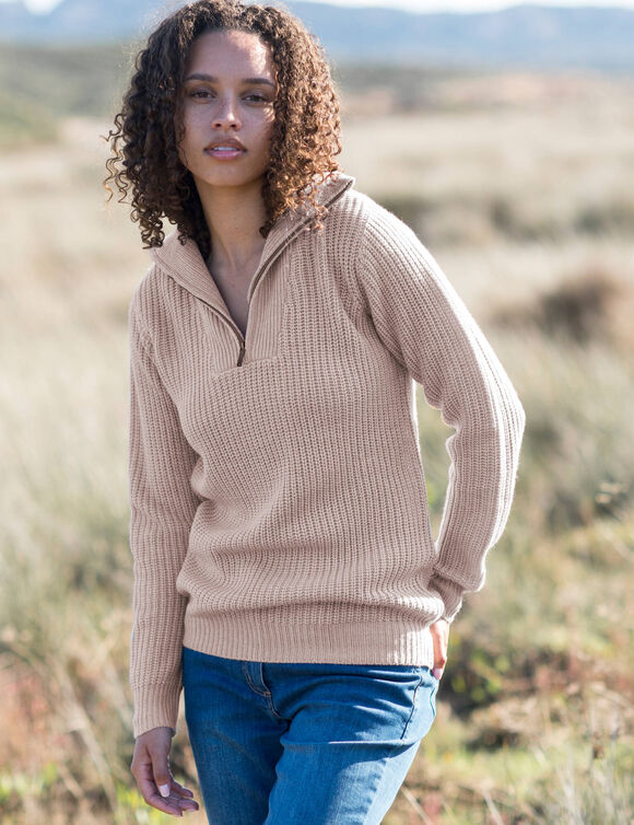 Pull col camionneur zippé maille anglasie (beige chiné) Pull col camionneur zippé maille anglasie (beige chiné)